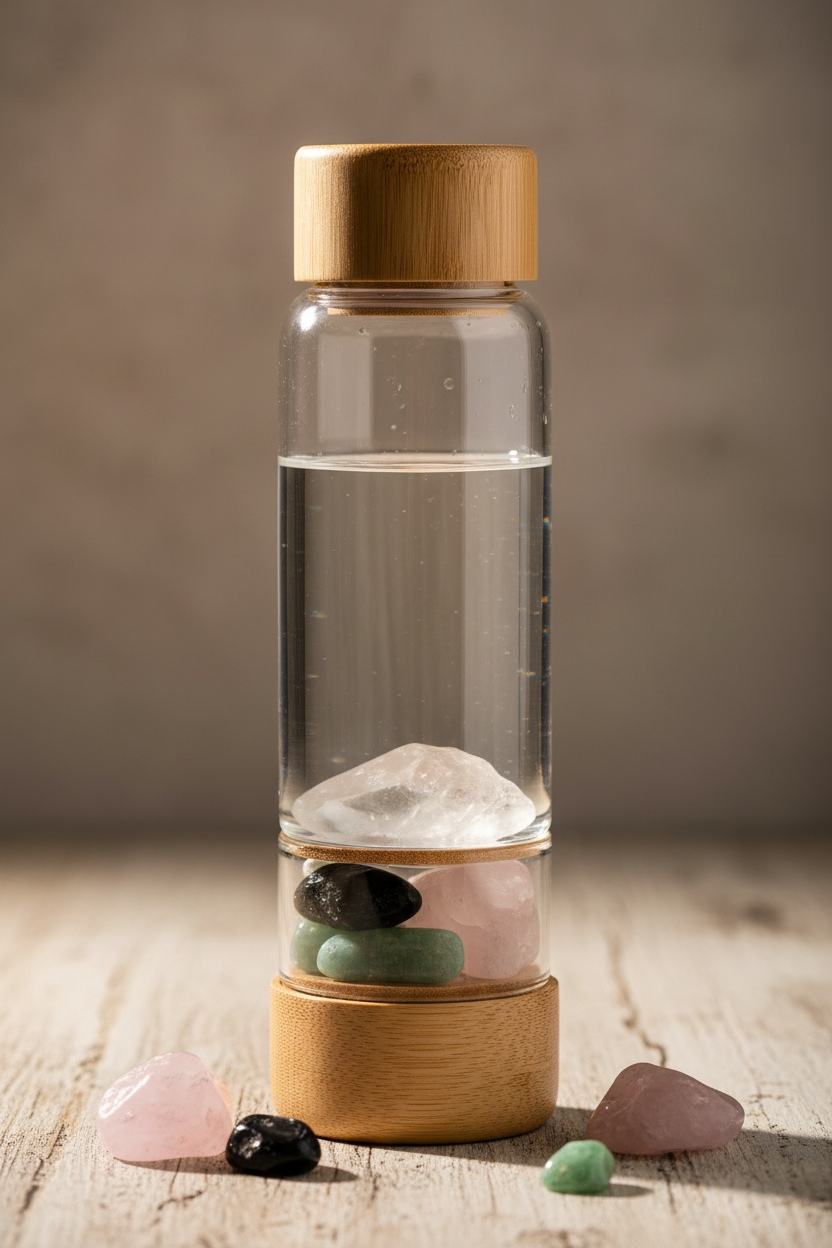 Glasflasche mit Bambusdeckel und Edelsteinmodul