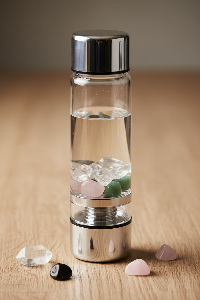 Glasflasche mit silbernem Metalldeckel und Edelsteinmodul